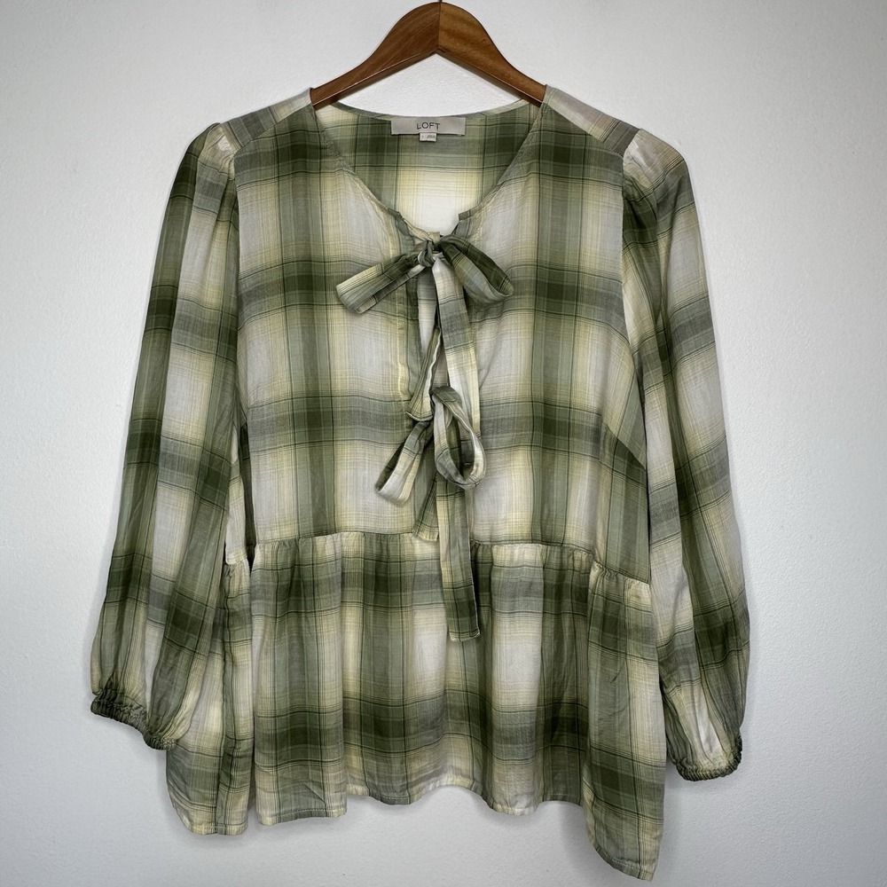 Loft Peasant Plaid Top Size L Green Flowy‎ Bows Preppy Lightweight Lyocell